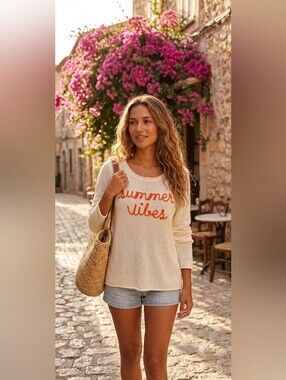 Marled Cream Knit Swim Coverup with Orange "Summer Vibes" Embroidery